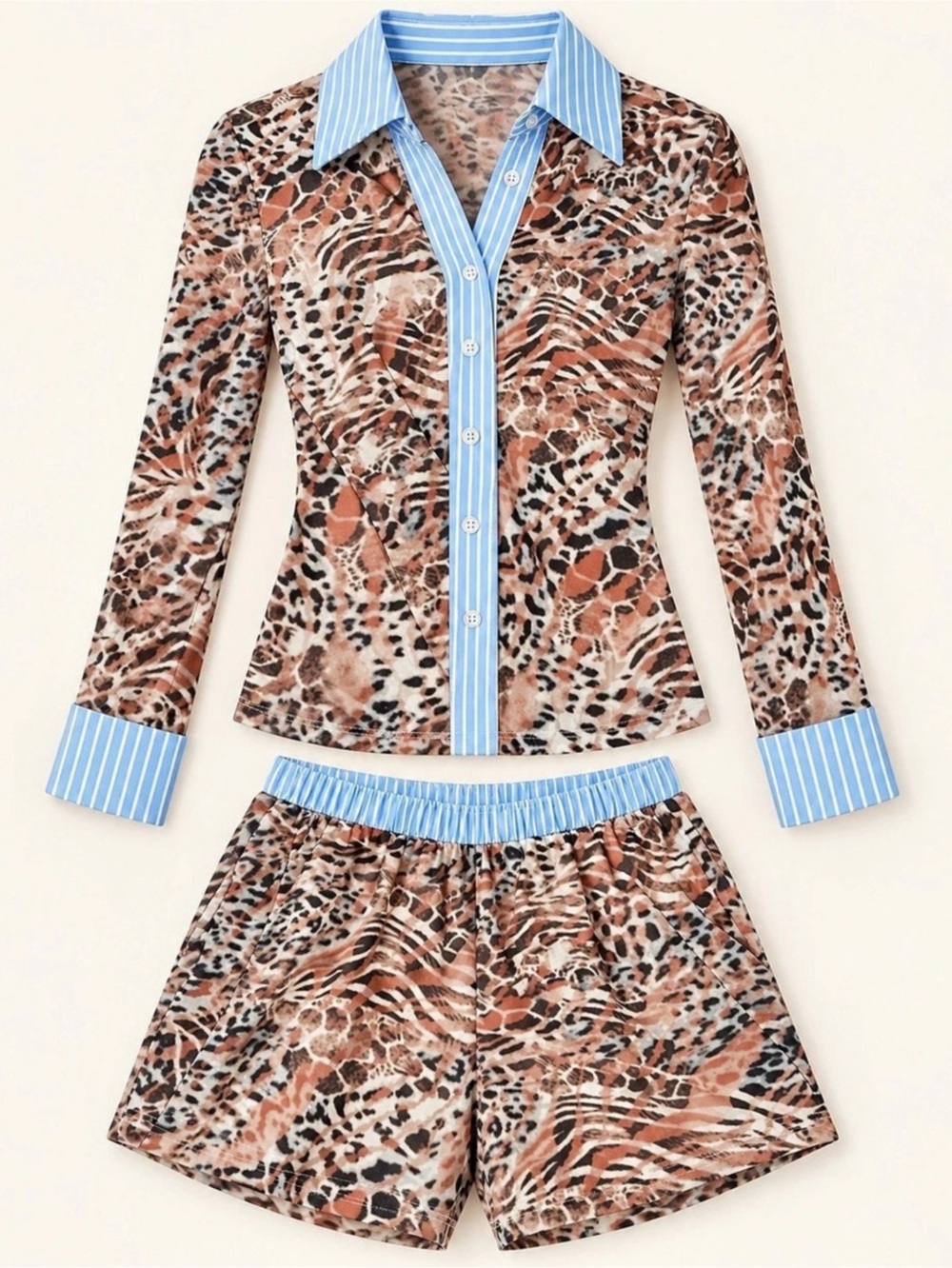 Animal Print Two-Piece Set in Brown & Blue Like New